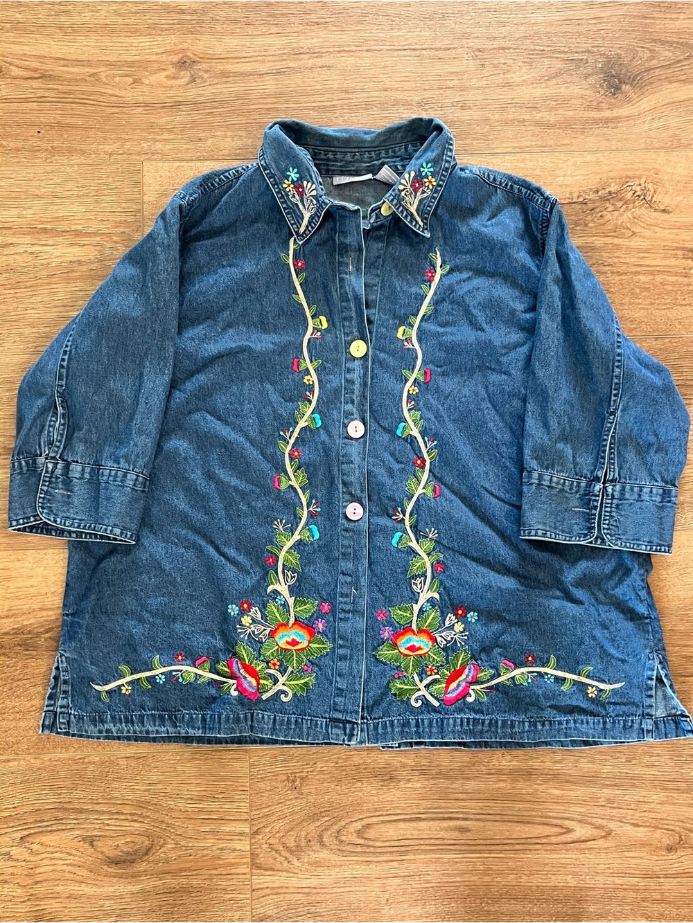 Liz & Me Embroidered Blue Denim Jacket with Floral Accents